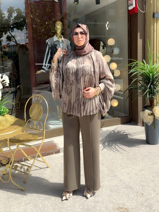Armonia Açık Kahve Şal Desenli Oversize Bluz