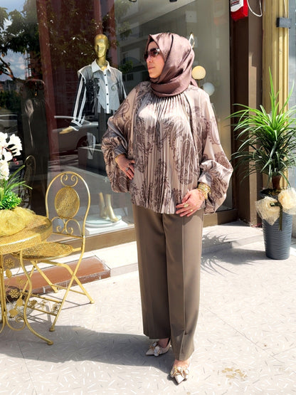Armonia Açık Kahve Şal Desenli Oversize Bluz