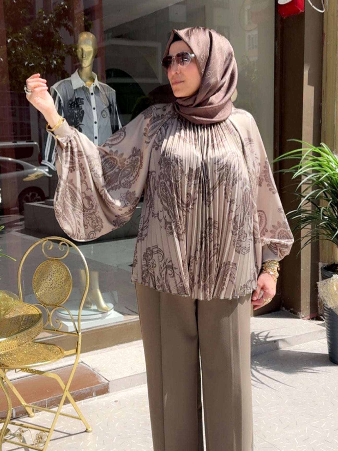 Armonia Açık Kahve Şal Desenli Oversize Bluz