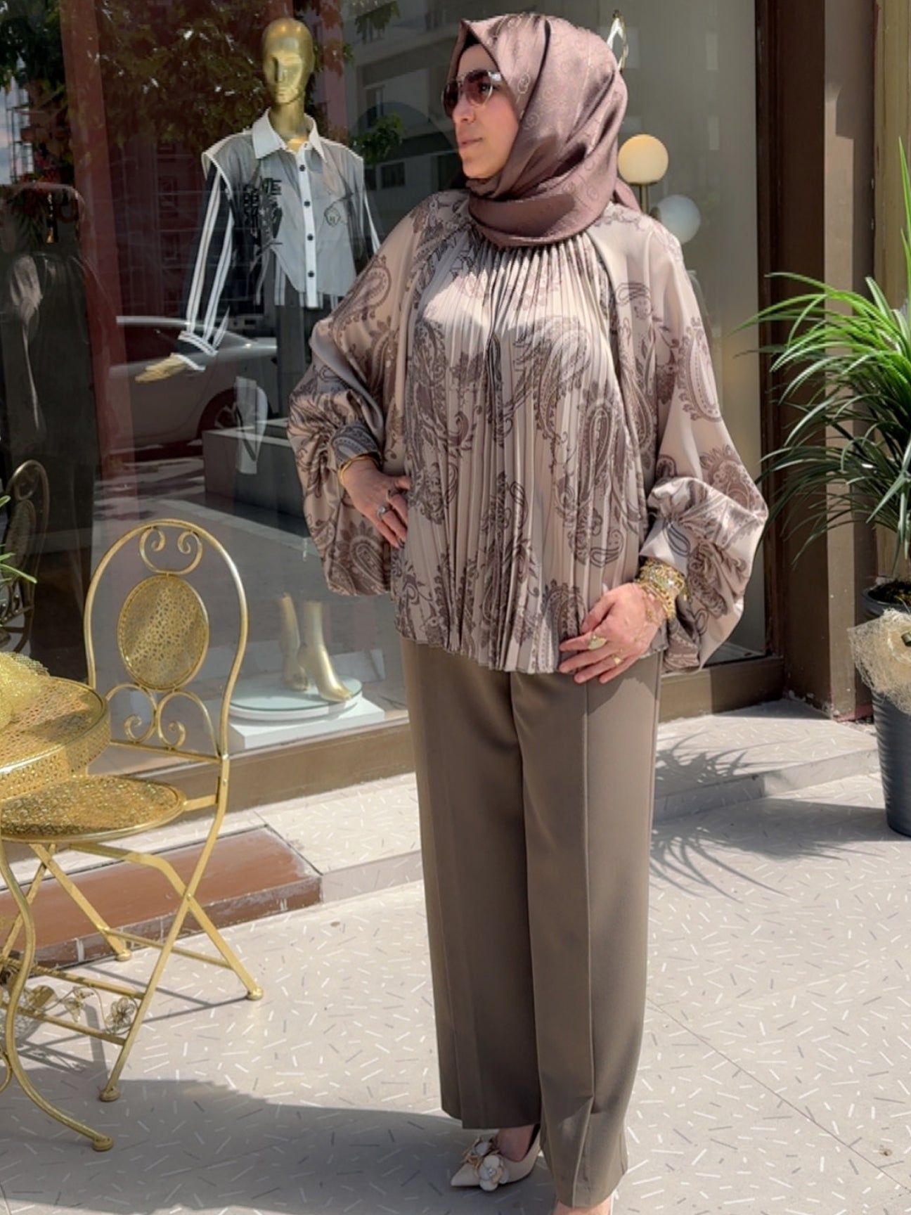 Armonia Açık Kahve Şal Desenli Oversize Bluz