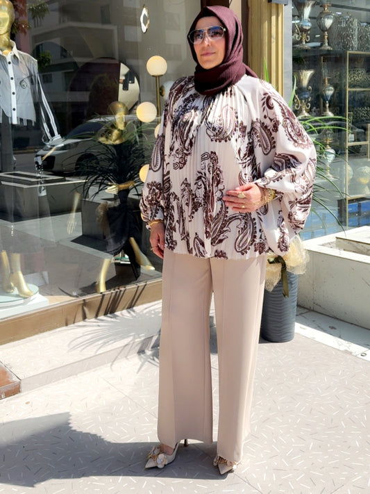 Armonia Kiremit Rengi Şal Desenli  Oversize Bluz
