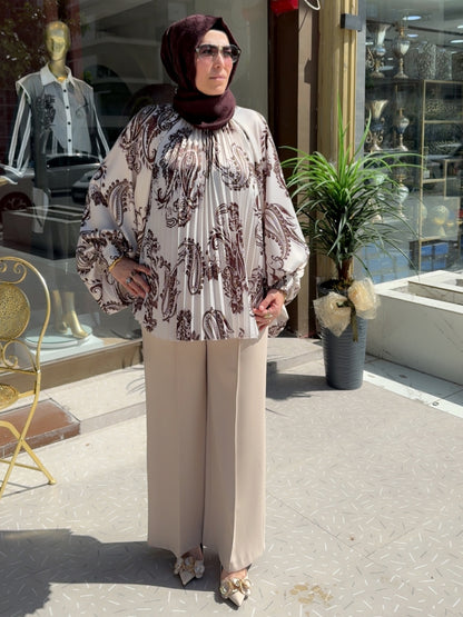 Armonia Kiremit Rengi Şal Desenli  Oversize Bluz