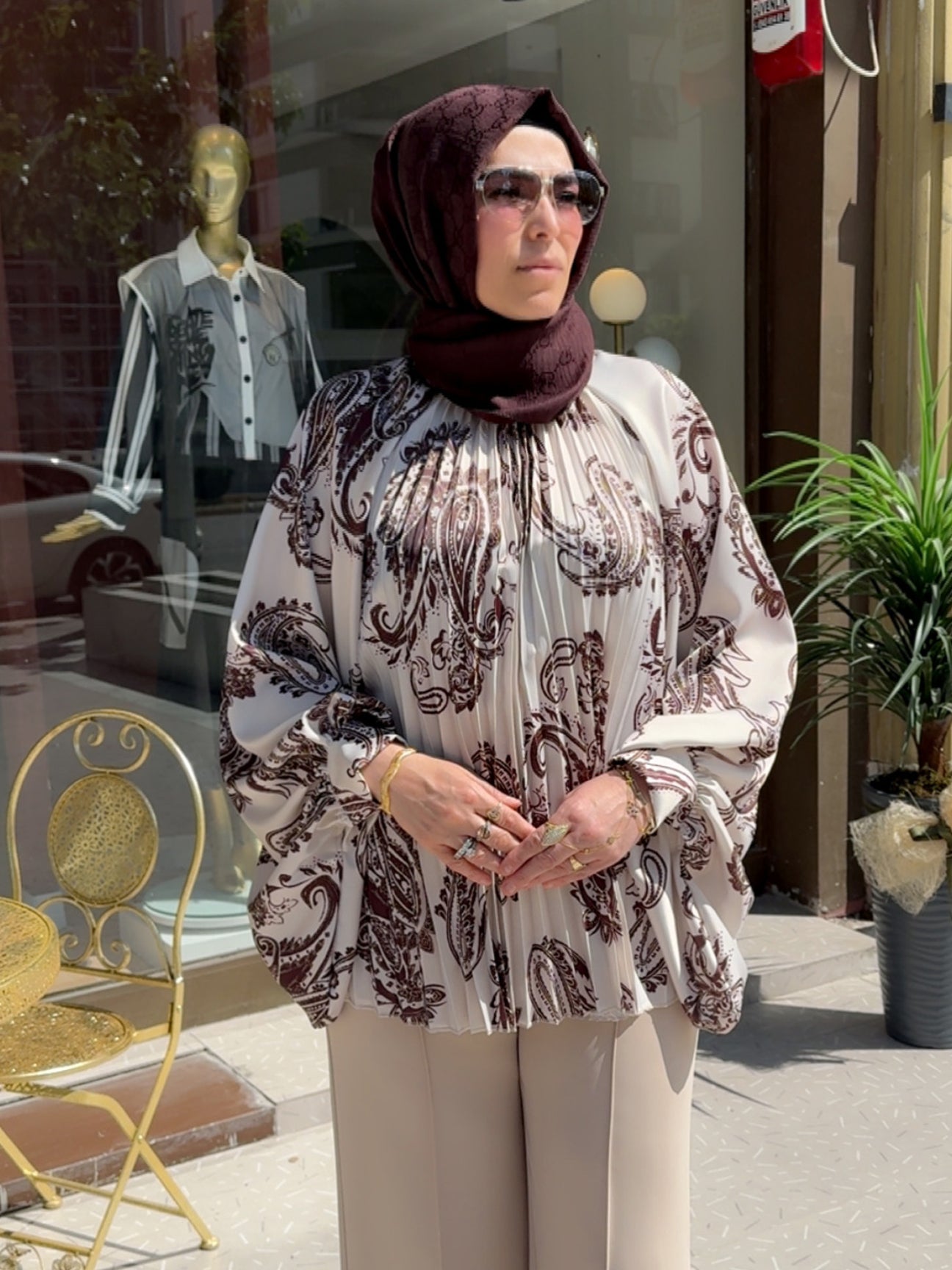 Armonia Kiremit Rengi Şal Desenli  Oversize Bluz