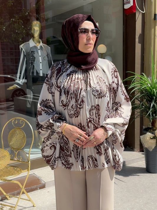 Armonia Kiremit Rengi Şal Desenli  Oversize Bluz