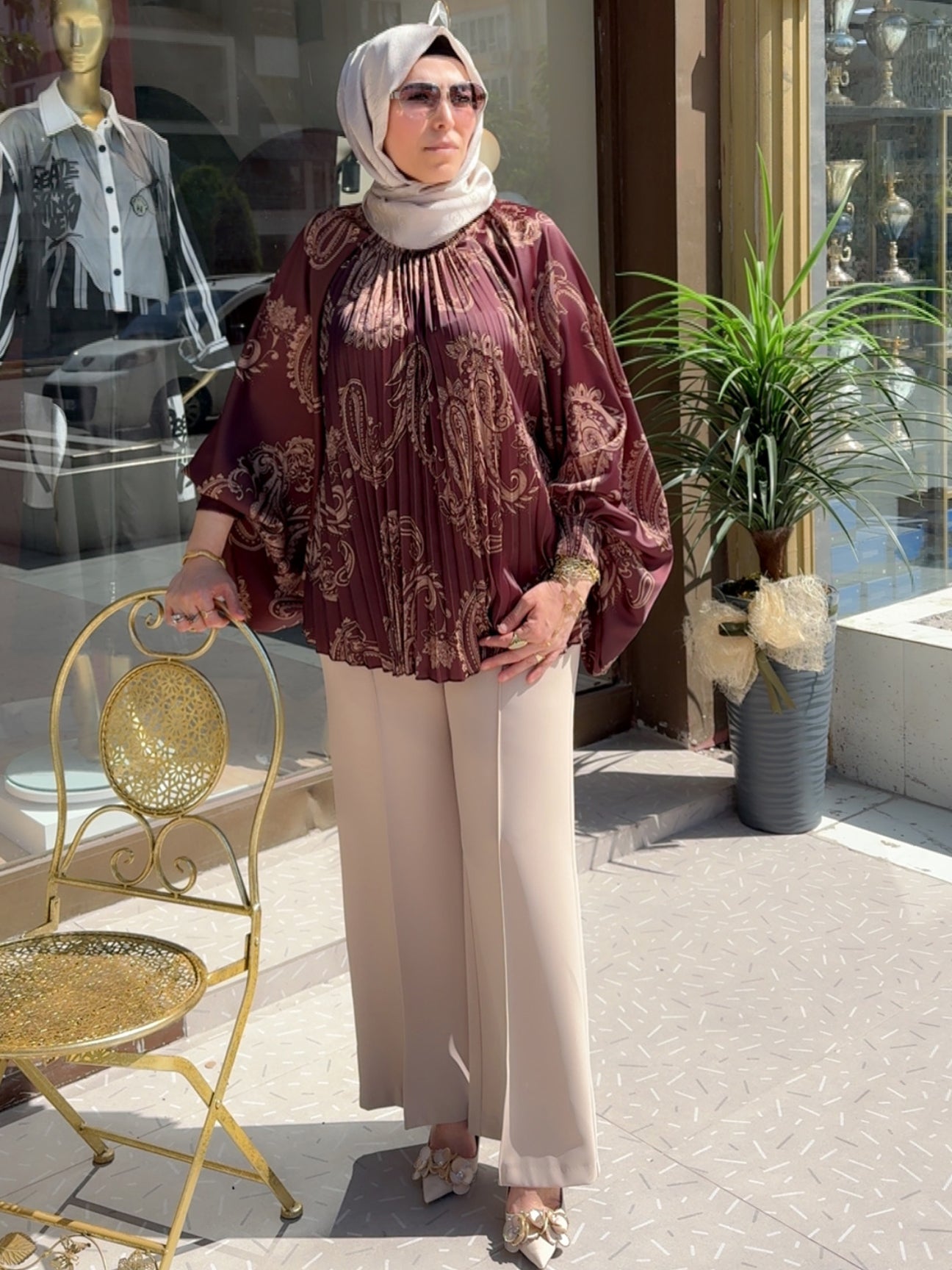 Armonia Koyu Kiremit Şal Desenli Oversize Bluz