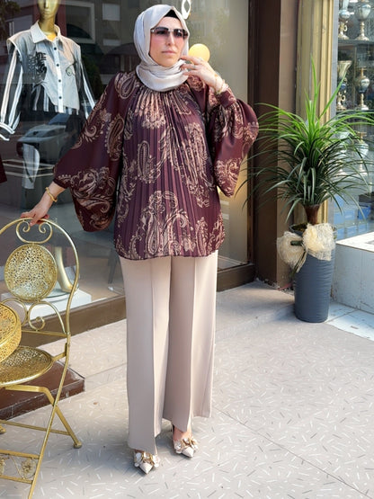 Armonia Koyu Kiremit Şal Desenli Oversize Bluz