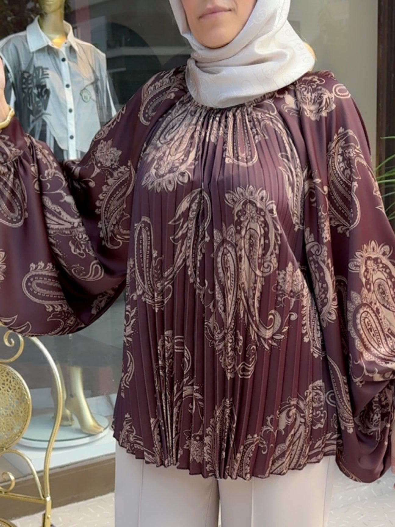 Armonia Koyu Kiremit Şal Desenli Oversize Bluz