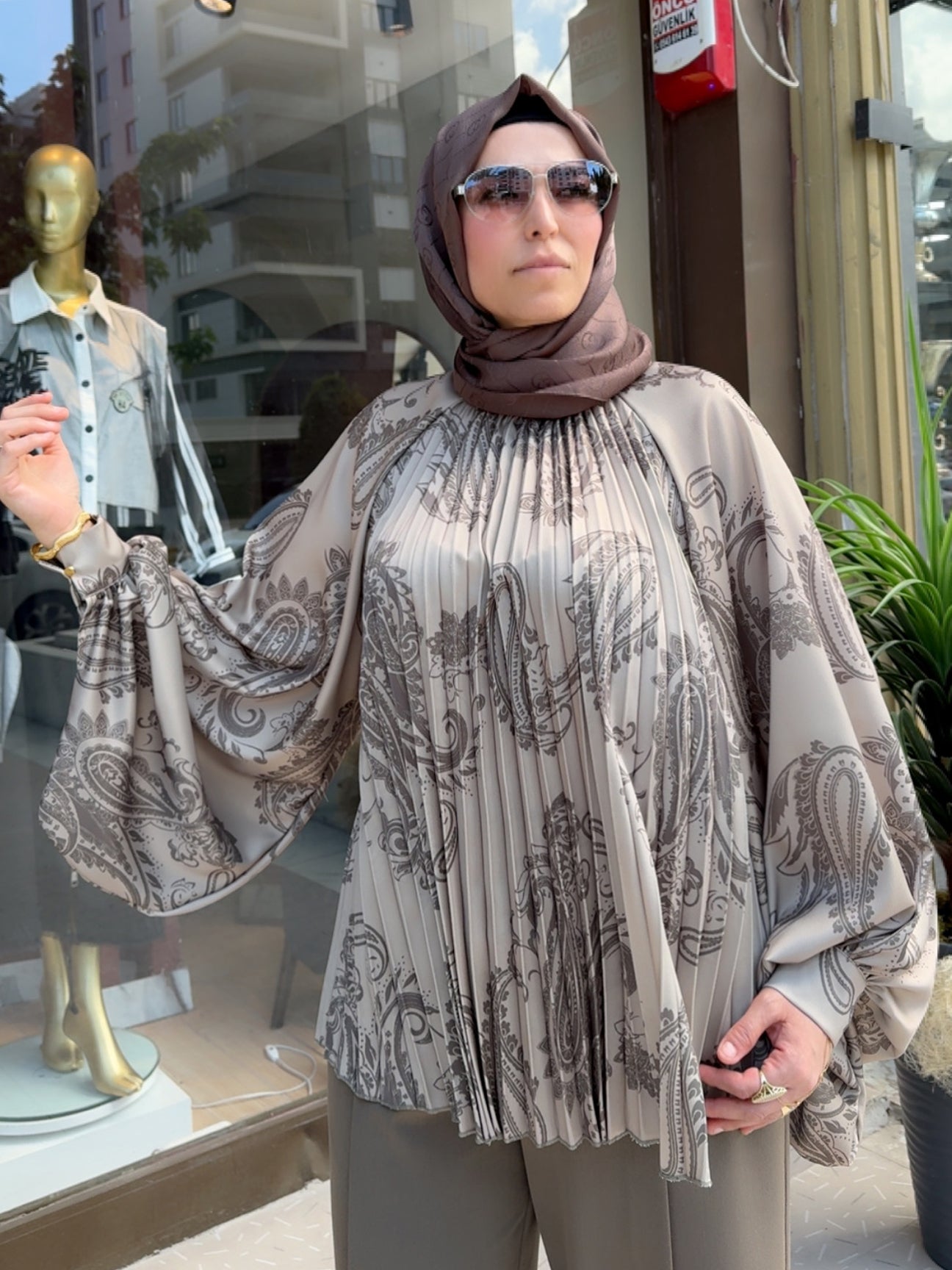 Armonia Gri Şal Desenli Oversize Bluz