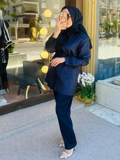 Blu Pelle Lacivert Pantolon Takım Parlak Detaylı