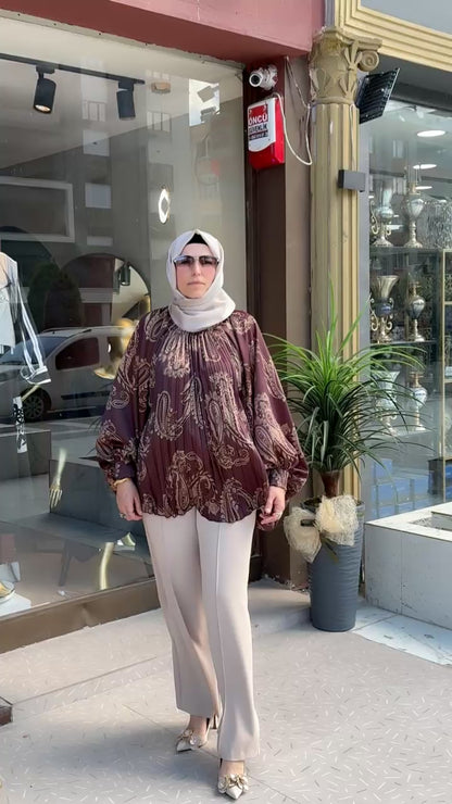 Armonia Koyu Kiremit Şal Desenli Oversize Bluz