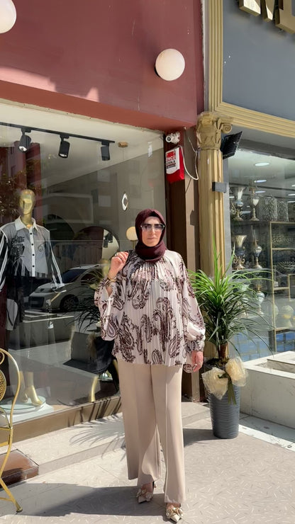 Armonia Kiremit Rengi Şal Desenli  Oversize Bluz