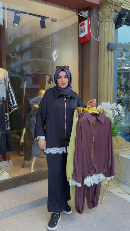 Cucito Fermuarlı Ceket Dantel_Kol Pantolon Takım