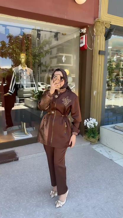 Intenso Koyu Kahve Pantolon Takım Parlak Detaylı