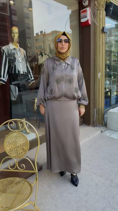 Grigio Vita_İşlemeli Tesettür Etek Takım