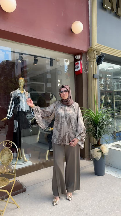 Armonia Açık Kahve Şal Desenli Oversize Bluz